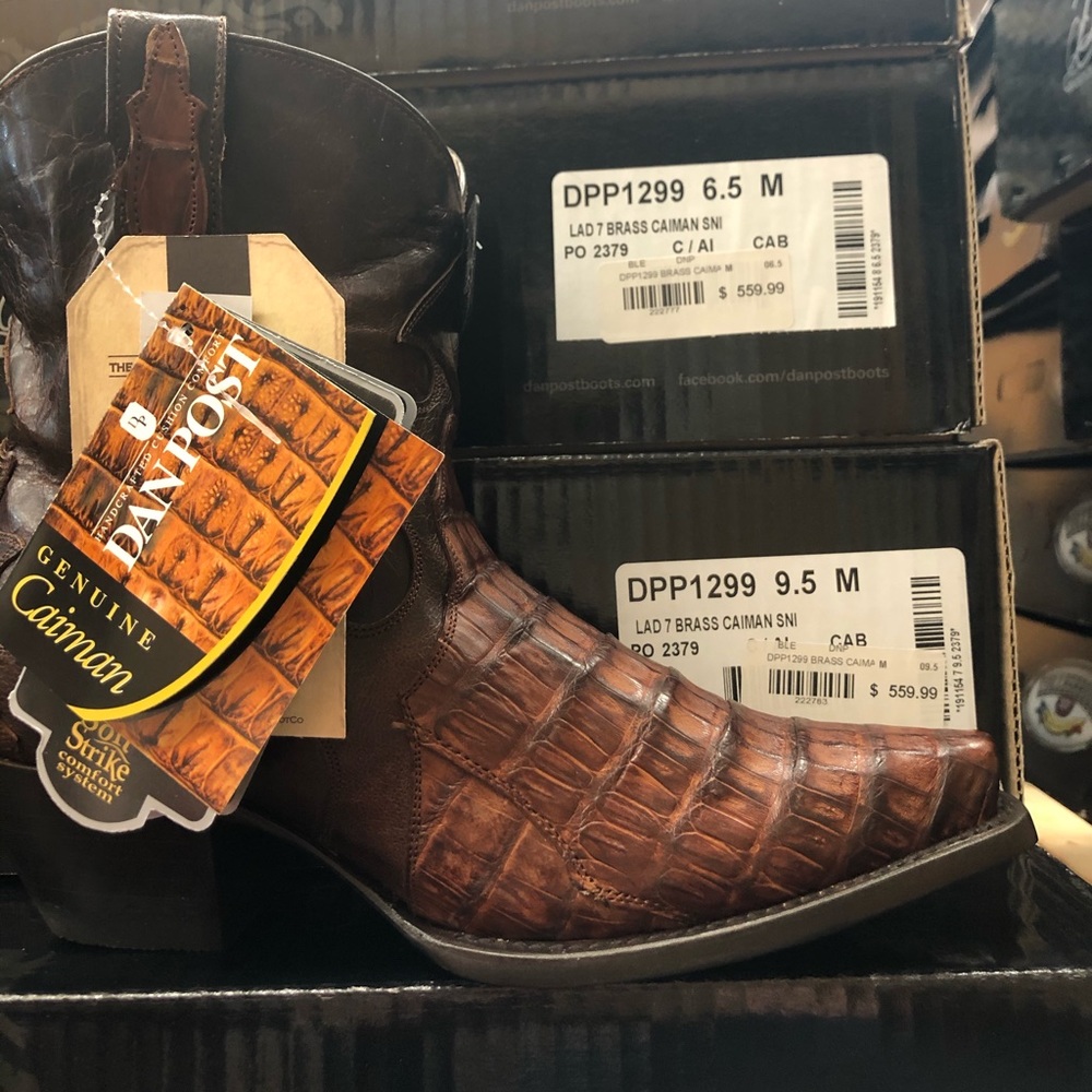 Dan Post Brown Brass Caiman Leather Western Heeled Boots